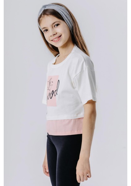 Kız Çocuk Crop Tişört Yazı Baskılı Yanları Yırtmaçlı 9-14 Yaş, Ekru fiyatları