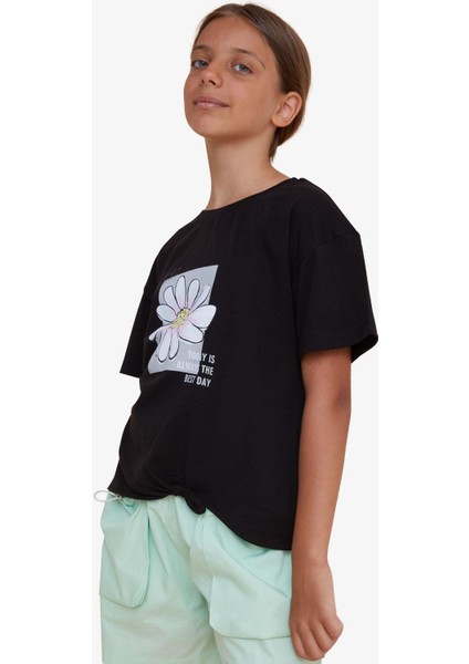 Kız Çocuk Tişört Yaz Temalı Çiçek Desenli 9-14 Yaş, Siyah