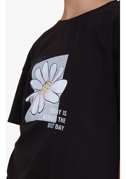 Kız Çocuk Tişört Yaz Temalı Çiçek Desenli 9-14 Yaş, Siyah modelleri