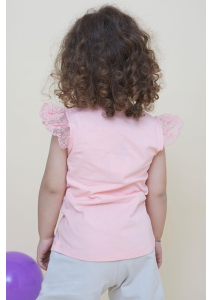 Kız Çocuk Tişört Çılgın Kız Baskılı Kolları Nakış Güpürlü 1.5-5 Yaş, Somon fiyatları