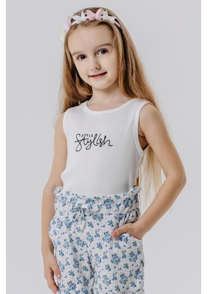 Kız Çocuk Askılı Tişört Yazı Nakışlı Yanları Fiyonklu 8-14 Yaş, Beyaz