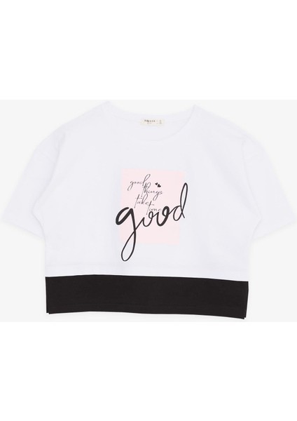 Kız Çocuk Crop Tişört Yazı Baskılı Yanları Yırtmaçlı 9-14 Yaş, Beyaz