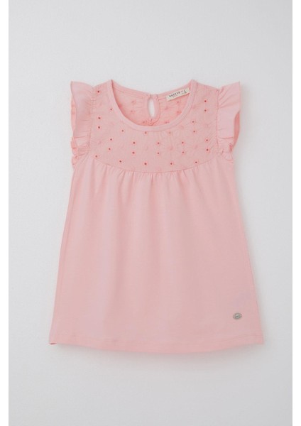 Kız Çocuk Tişört Fırfırlı Nakışlı 4-8 Yaş, Pembe