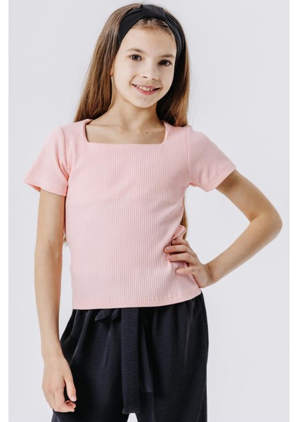 Kız Çocuk Crop Tişört Fitilli Kare Yaka 9-14 Yaş, Somon