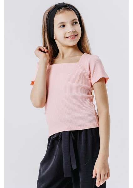 Kız Çocuk Crop Tişört Fitilli Kare Yaka 9-14 Yaş, Somon fiyatları