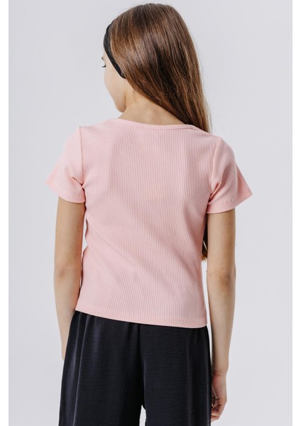 Kız Çocuk Crop Tişört Fitilli Kare Yaka 9-14 Yaş, Somon modelleri