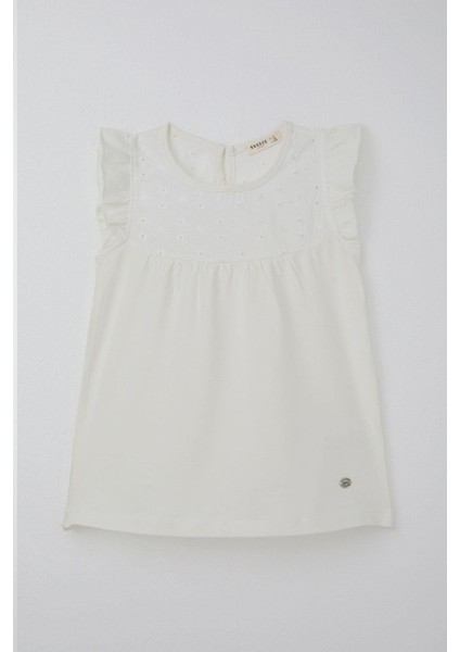 Kız Çocuk Tişört Fırfırlı Nakışlı 4-8 Yaş, Ekru