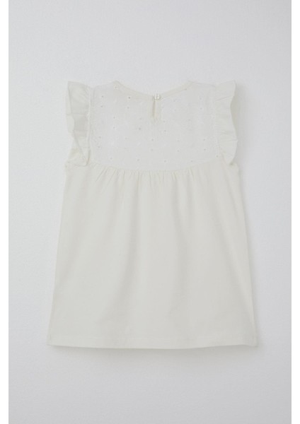 Kız Çocuk Tişört Fırfırlı Nakışlı 4-8 Yaş, Ekru fiyatları