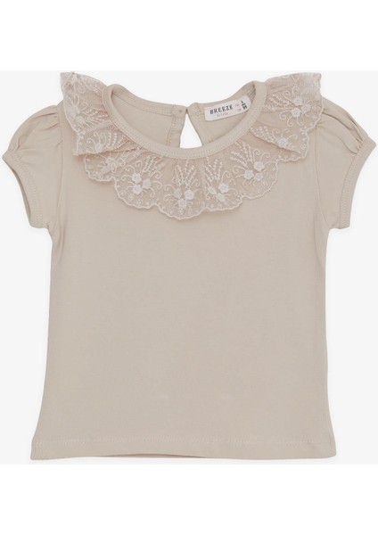 Kız Çocuk Tişört Yakası Güpürlü Nakışlı 1-4 Yaş, Bej