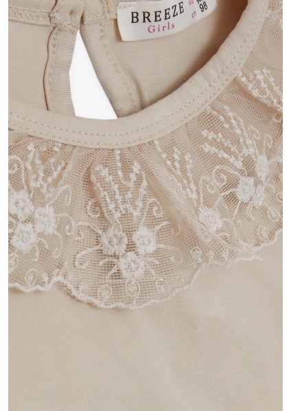 Kız Çocuk Tişört Yakası Güpürlü Nakışlı 1-4 Yaş, Bej modelleri