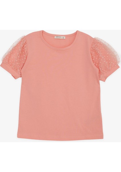 Kız Çocuk Tişört Kolları Tüllü 8-12 Yaş, Somon