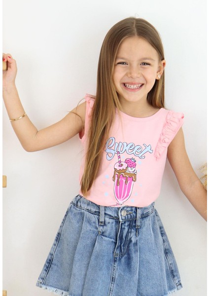 Kız Çocuk Tişört Omzu Fırfırlı Dondurma Baskılı 4-8 Yaş, Pembe