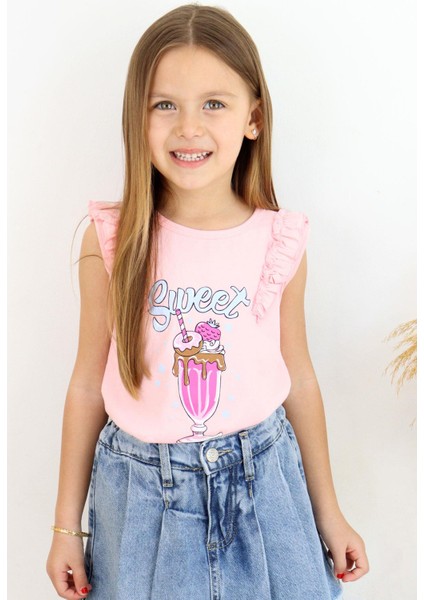 Kız Çocuk Tişört Omzu Fırfırlı Dondurma Baskılı 4-8 Yaş, Pembe fiyatları