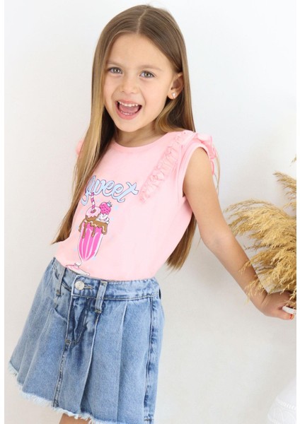 Kız Çocuk Tişört Omzu Fırfırlı Dondurma Baskılı 4-8 Yaş, Pembe modelleri