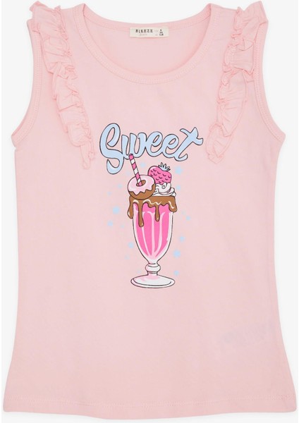 Kız Çocuk Tişört Omzu Fırfırlı Dondurma Baskılı 4-8 Yaş, Pembe fırsatları
