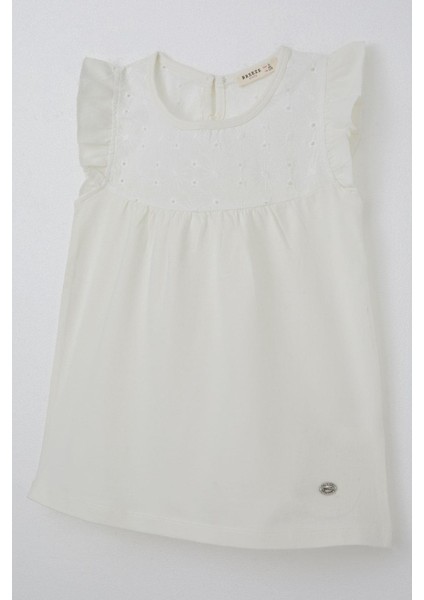 Kız Çocuk Tişört Fırfırlı Nakışlı 4-8 Yaş, Ekru modelleri