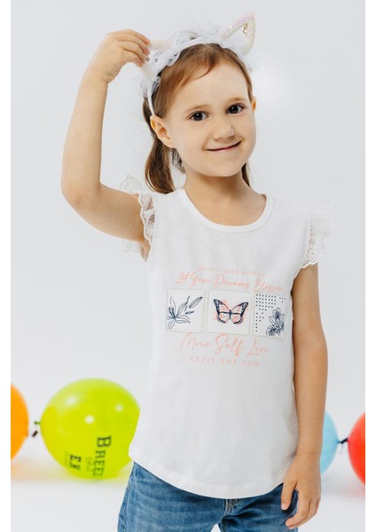 Kız Çocuk Tişört Kolları Güpür Nakışlı Kelebek Baskılı 1.5-5 Yaş, Ekru