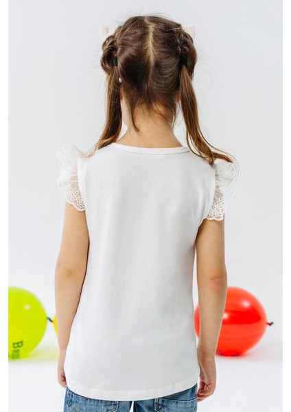 Kız Çocuk Tişört Kolları Güpür Nakışlı Kelebek Baskılı 1.5-5 Yaş, Ekru fiyatları