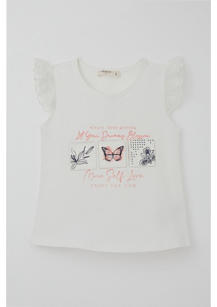 Kız Çocuk Tişört Kolları Güpür Nakışlı Kelebek Baskılı 1.5-5 Yaş, Ekru modelleri