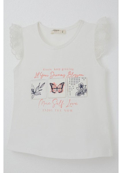 Kız Çocuk Tişört Kolları Güpür Nakışlı Kelebek Baskılı 1.5-5 Yaş, Ekru indirimleri