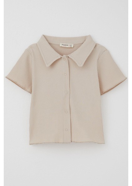 Kız Çocuk Tişört Crop Çıtçıtlı Fitilli 9-14 Yaş, Bej
