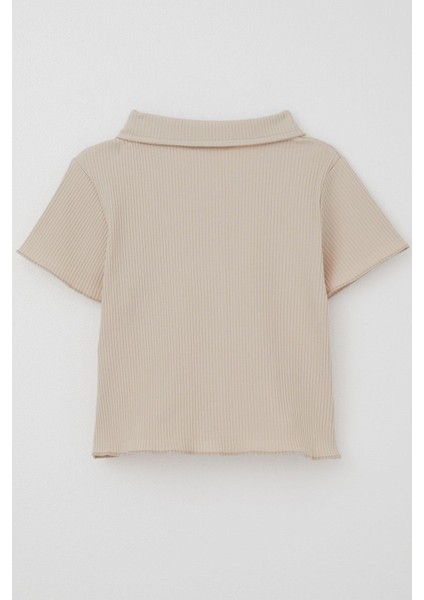 Kız Çocuk Tişört Crop Çıtçıtlı Fitilli 9-14 Yaş, Bej