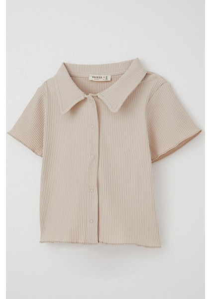Kız Çocuk Tişört Crop Çıtçıtlı Fitilli 9-14 Yaş, Bej