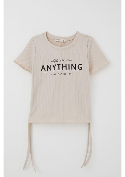 Kız Çocuk Tişört Yanları Büzgülü Yazı Baskılı 8-14 Yaş, Bej