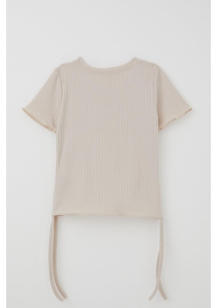 Kız Çocuk Tişört Yanları Büzgülü Yazı Baskılı 8-14 Yaş, Bej fiyatları