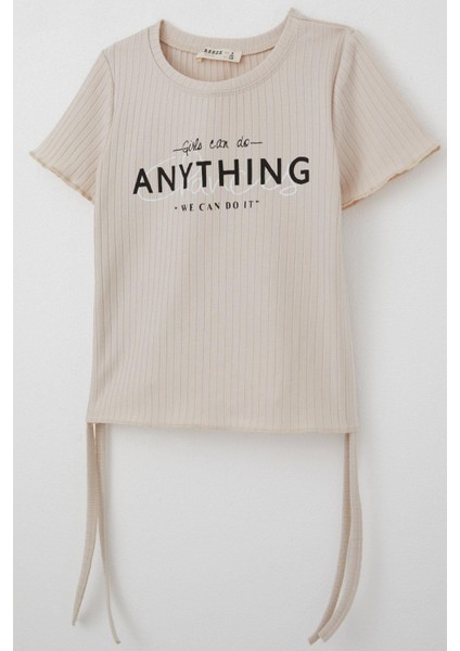 Kız Çocuk Tişört Yanları Büzgülü Yazı Baskılı 8-14 Yaş, Bej modelleri