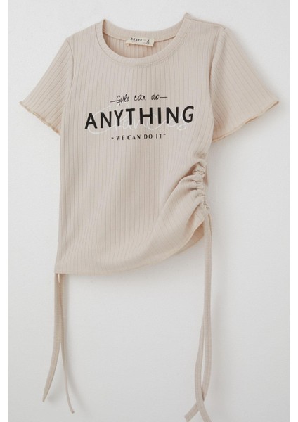 Kız Çocuk Tişört Yanları Büzgülü Yazı Baskılı 8-14 Yaş, Bej fırsatları