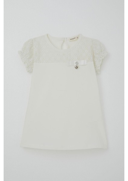 Kız Çocuk Tişört Güpürlü Kolları Lastikli Fiyonklu 5-10 Yaş, Ekru