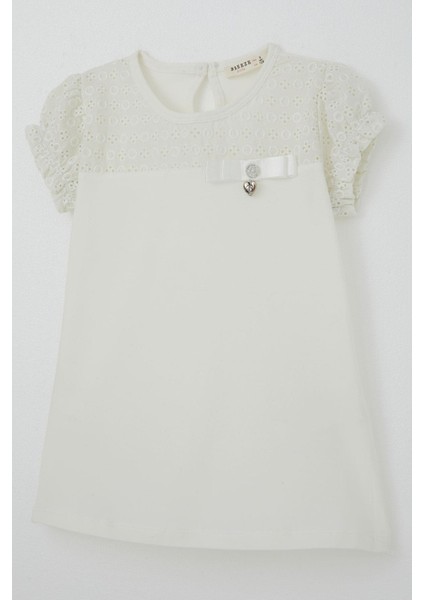 Kız Çocuk Tişört Güpürlü Kolları Lastikli Fiyonklu 5-10 Yaş, Ekru modelleri