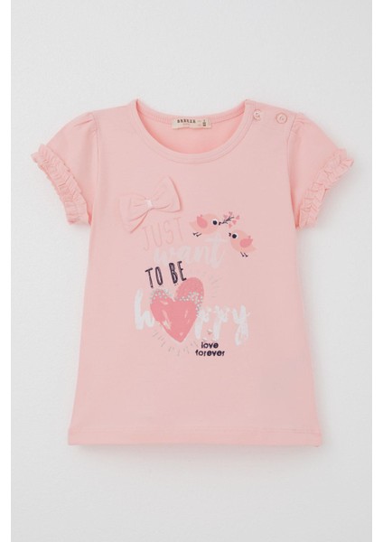Kız Çocuk Tişört Sevimli Kuş Baskılı Kalpli 1-4 Yaş, Pembe