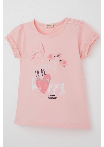 Kız Çocuk Tişört Sevimli Kuş Baskılı Kalpli 1-4 Yaş, Pembe modelleri