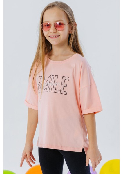 Kız Çocuk Tişört Smile Yazı Baskılı Taşlı 9-16 Yaş, Somon