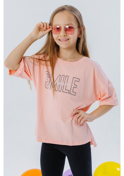 Kız Çocuk Tişört Smile Yazı Baskılı Taşlı 9-16 Yaş, Somon modelleri