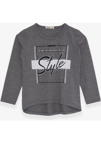 Kız Çocuk Uzun Kollu Tişört Taşlı Yazı Baskılı 6-12 Yaş, Koyu Gri Melanj