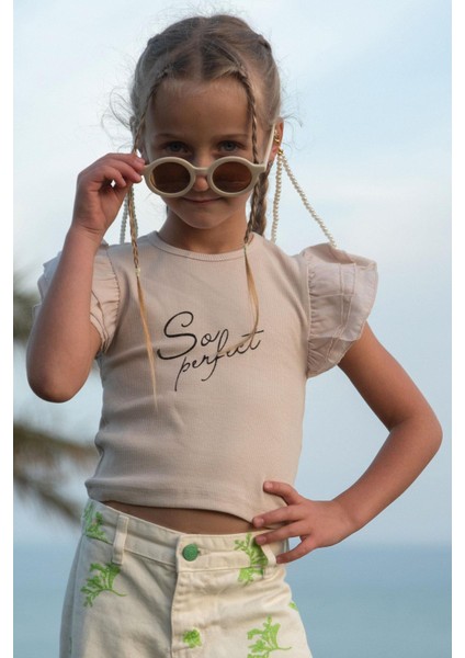 Kız Çocuk Tişört Kemer Boy Kolları Krep Kumaş Fırfırlı 3-7 Yaş, Bej