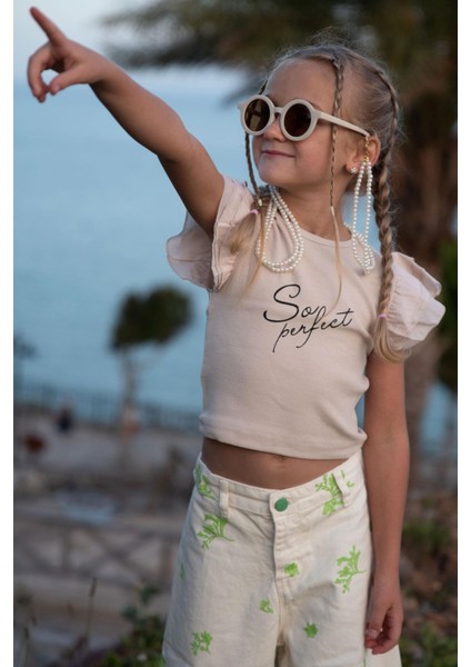 Kız Çocuk Tişört Kemer Boy Kolları Krep Kumaş Fırfırlı 3-7 Yaş, Bej fiyatları