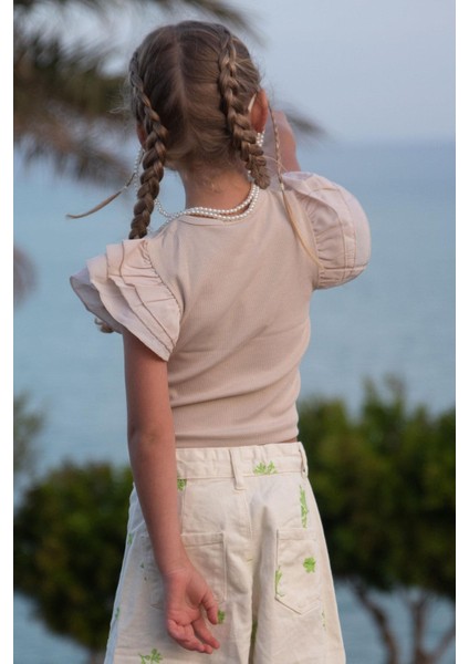 Kız Çocuk Tişört Kemer Boy Kolları Krep Kumaş Fırfırlı 3-7 Yaş, Bej modelleri