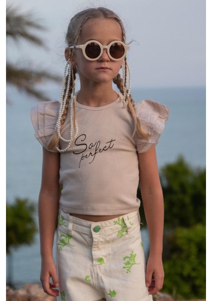 Kız Çocuk Tişört Kemer Boy Kolları Krep Kumaş Fırfırlı 3-7 Yaş, Bej fırsatları