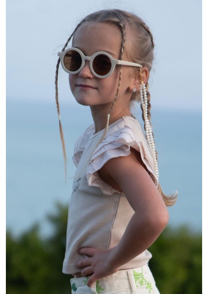 Kız Çocuk Tişört Kemer Boy Kolları Krep Kumaş Fırfırlı 3-7 Yaş, Bej indirimleri