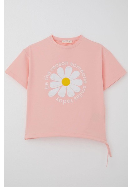 Kız Çocuk Tişört Papatya Baskılı 7-12 Yaş, Somon