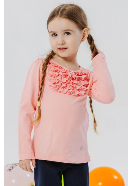 Kız Çocuk Uzun Kollu Tişört Güpürlü Fiyonklu 3-8 Yaş, Somon