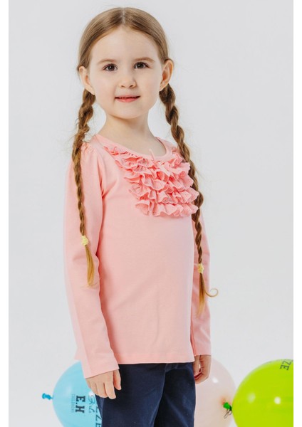 Kız Çocuk Uzun Kollu Tişört Güpürlü Fiyonklu 3-8 Yaş, Somon fiyatları