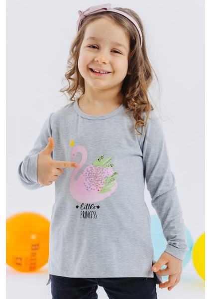 Kız Çocuk Uzun Kollu Tişört Prenses Kuğu Baskılı Pullu 2-6 Yaş, Gri Melanj