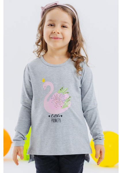 Kız Çocuk Uzun Kollu Tişört Prenses Kuğu Baskılı Pullu 2-6 Yaş, Gri Melanj modelleri
