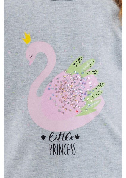 Kız Çocuk Uzun Kollu Tişört Prenses Kuğu Baskılı Pullu 2-6 Yaş, Gri Melanj fırsatları