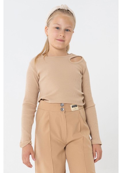 Kız Çocuk Uzun Kollu Tişört Omuz Dekolte Detaylı 9-14 Yaş, Koyu Bej